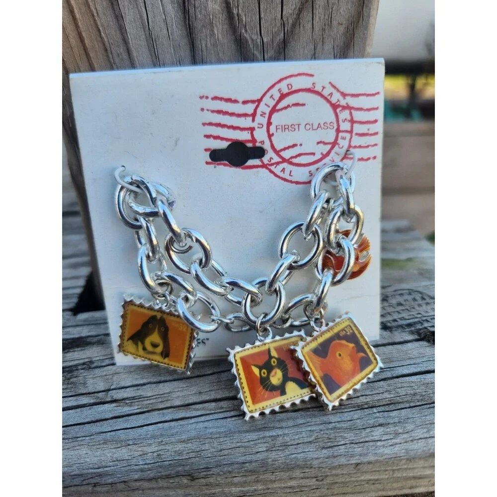 USPS 1998 Animal Stamps Charm Bracelet Dog Bassett Hound Cat Goldfish 7.5” NOS